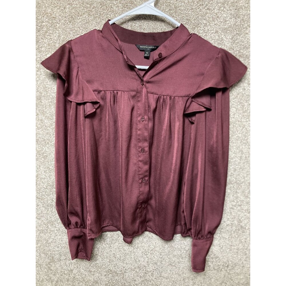 Banana Republic Womens Burgundy Satin Button-Up Blouse With Ruffle Details Size